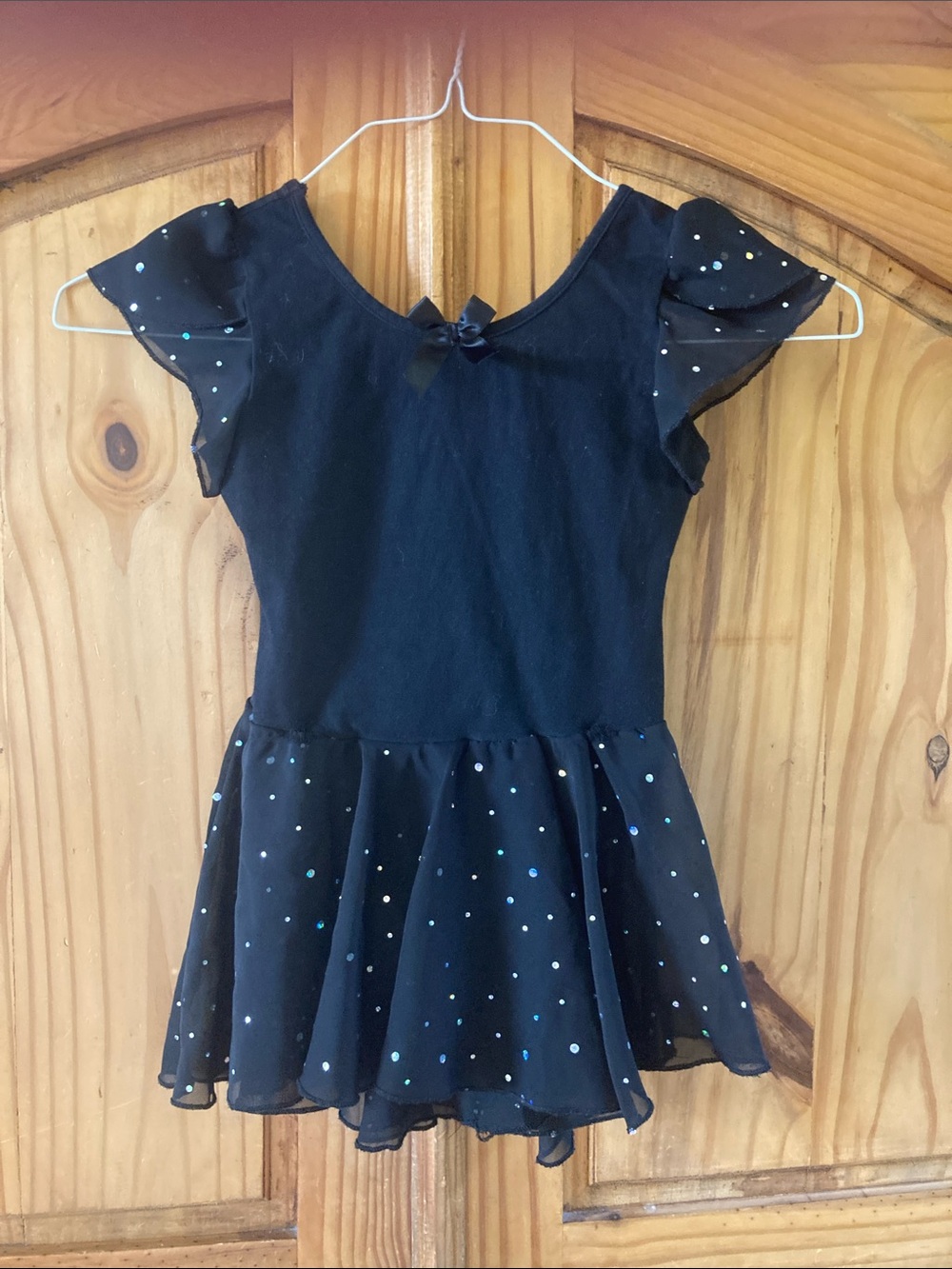 Girls black silver dots lace short sleeve leotard dance dress size L